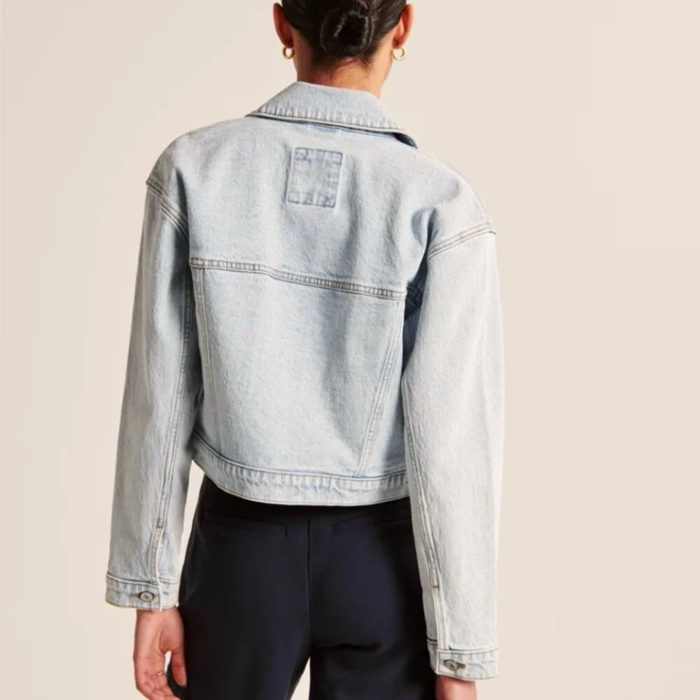 Abercrombie & Fitch NEW! Cropped Denim Jean Jacket In Cream/Bleached Wash XS - Picture 11 of 15